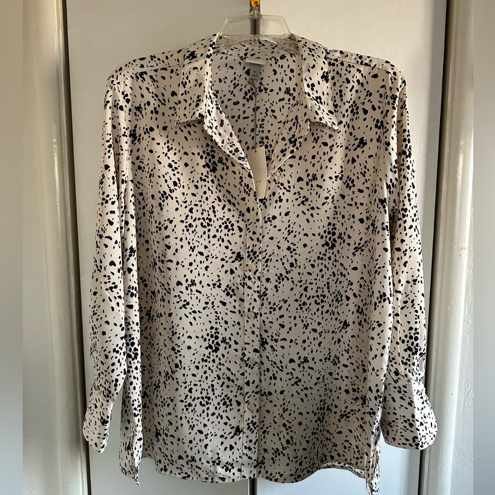 Silky cream &black spotted button up blouse